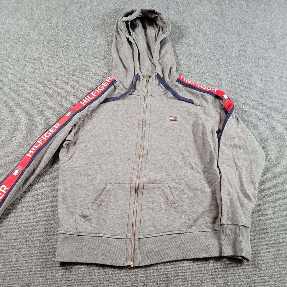 Tommy Hilfiger Sport Hoodie Women S‎ Gray Logo Tape Full Zip Sweatshirt